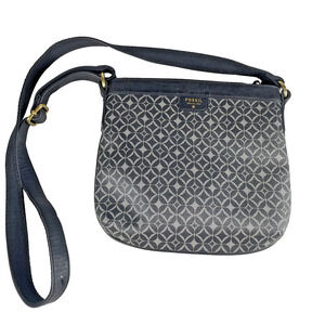 FOSSIL Preston Fiona Black Gray Crossbody Geometric Circle Pattern Faux Leather